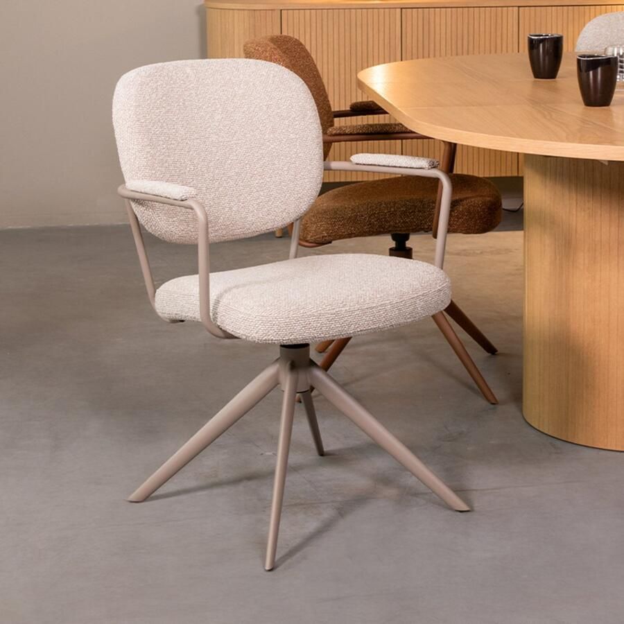 LABEL51 Basel Eetkamerstoel Naturel Stof Taupe Frame Stoel Normale eetkamerstoel Draaibaar Met Armleuning - Foto 2