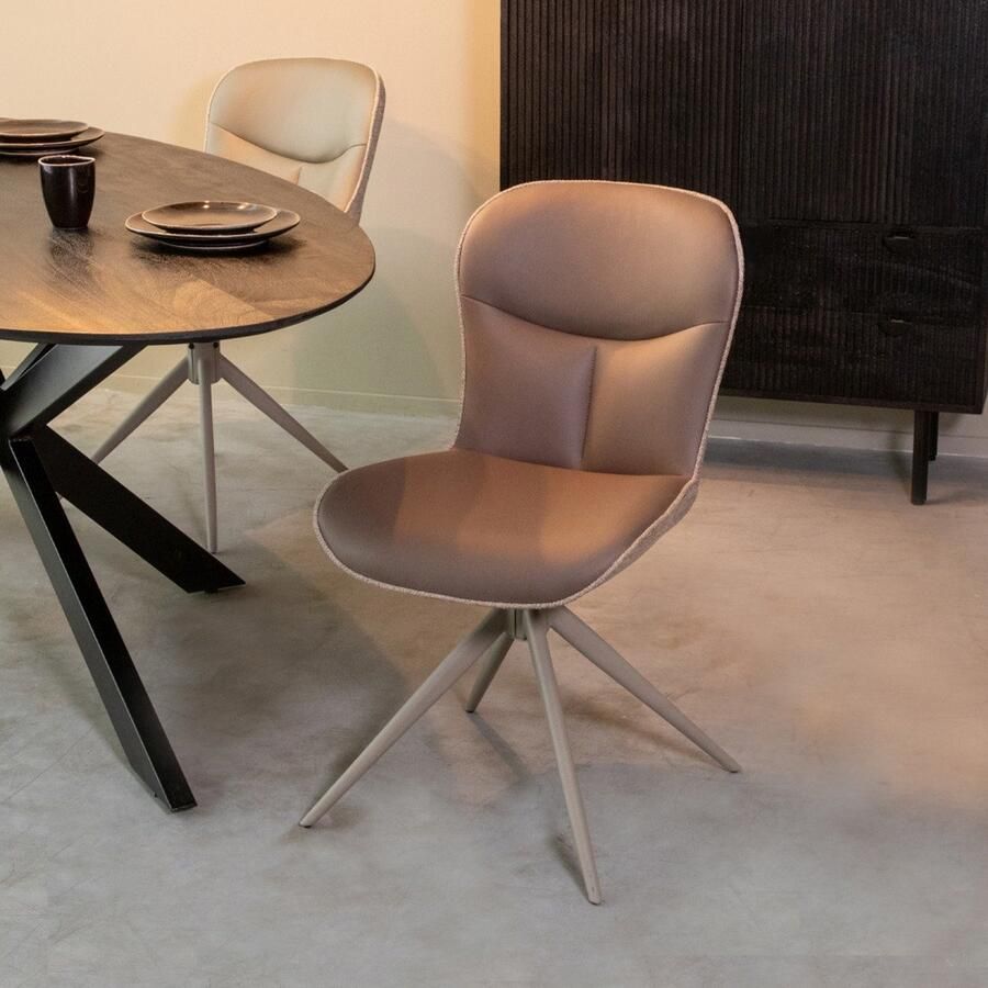 LABEL51 Thorben Eetkamerstoel Bruin Stof Taupe Frame Stoel Normale eetkamerstoel Draaibaar