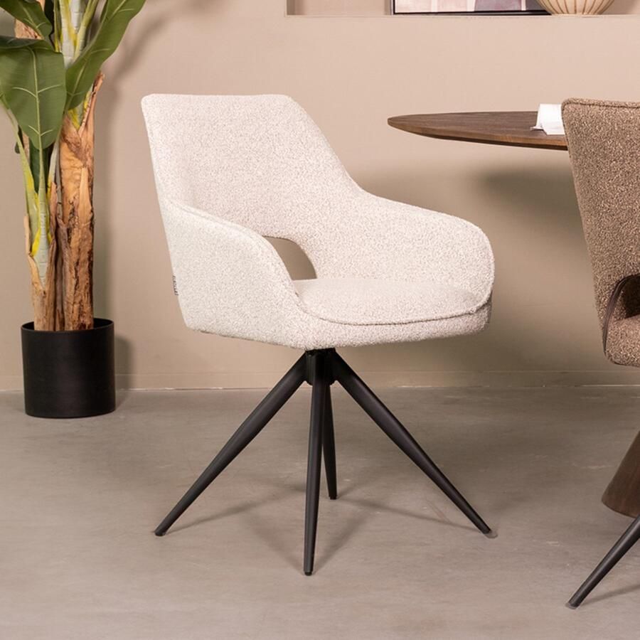 LABEL51 Finley Eetkamerstoel Wit Stof Black Frame Stoel Normale eetkamerstoel Draaibaar Met Armleuning