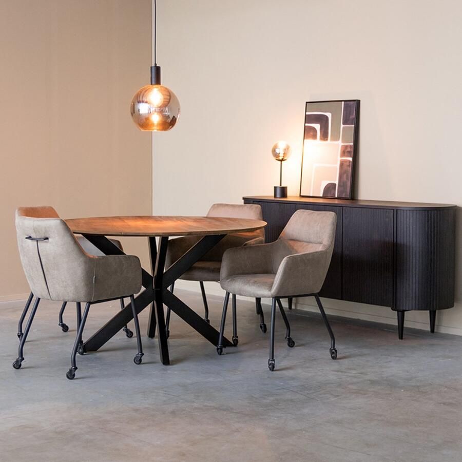 LABEL51 Lenny Eetkamerstoel Bruin Stof Black Frame Stoel Normale eetkamerstoel Met Armleuning Met Wieltjes