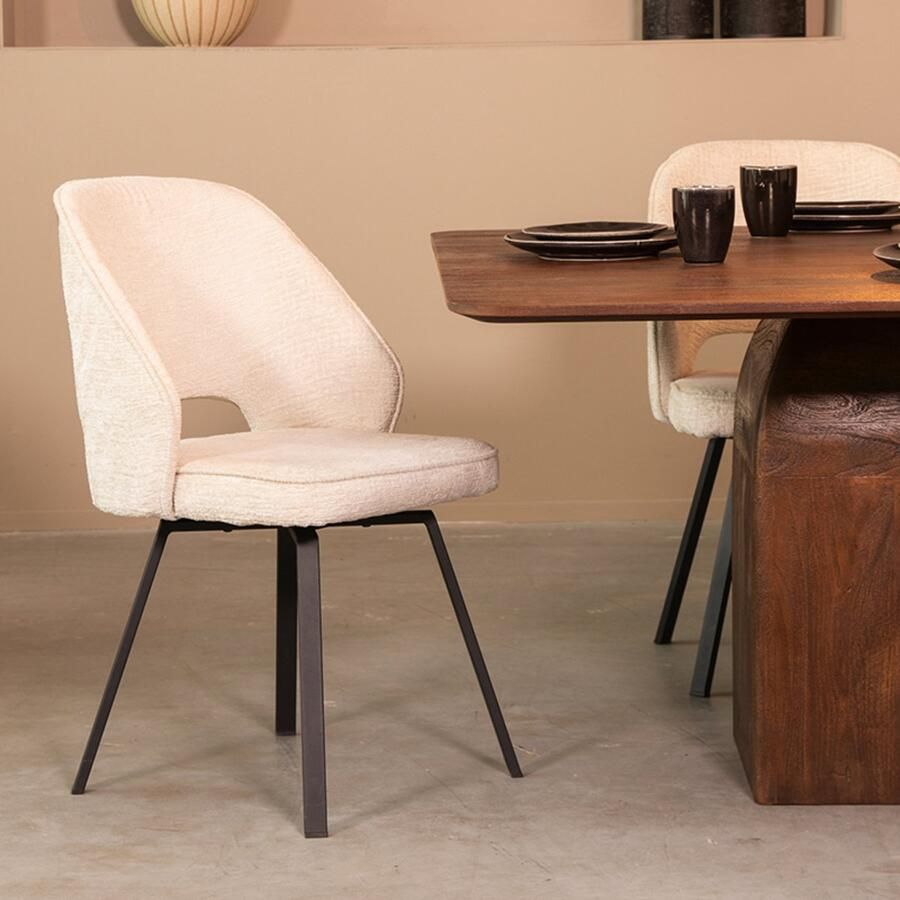 LABEL51 Lewis Eetkamerstoel Creme Stof Black Frame Stoel Normale eetkamerstoel Draaibaar