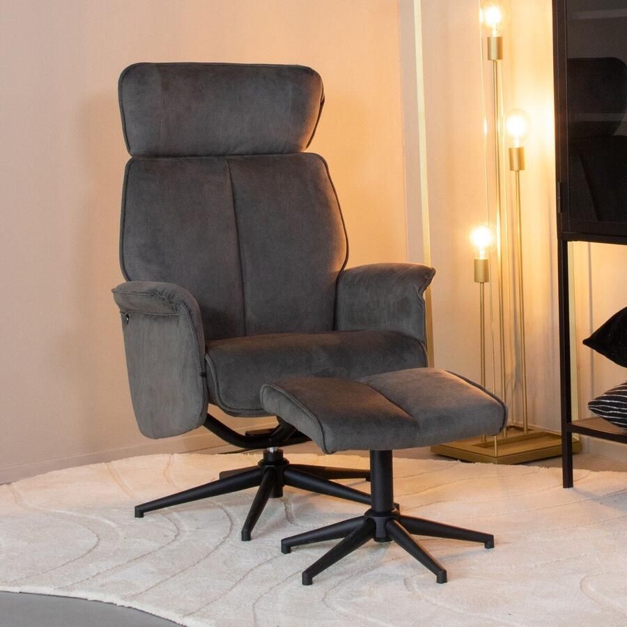 LABEL51 Verdal Fauteuil Grijs Velvet Incl. Hocker Draaibaar Met Armleuning