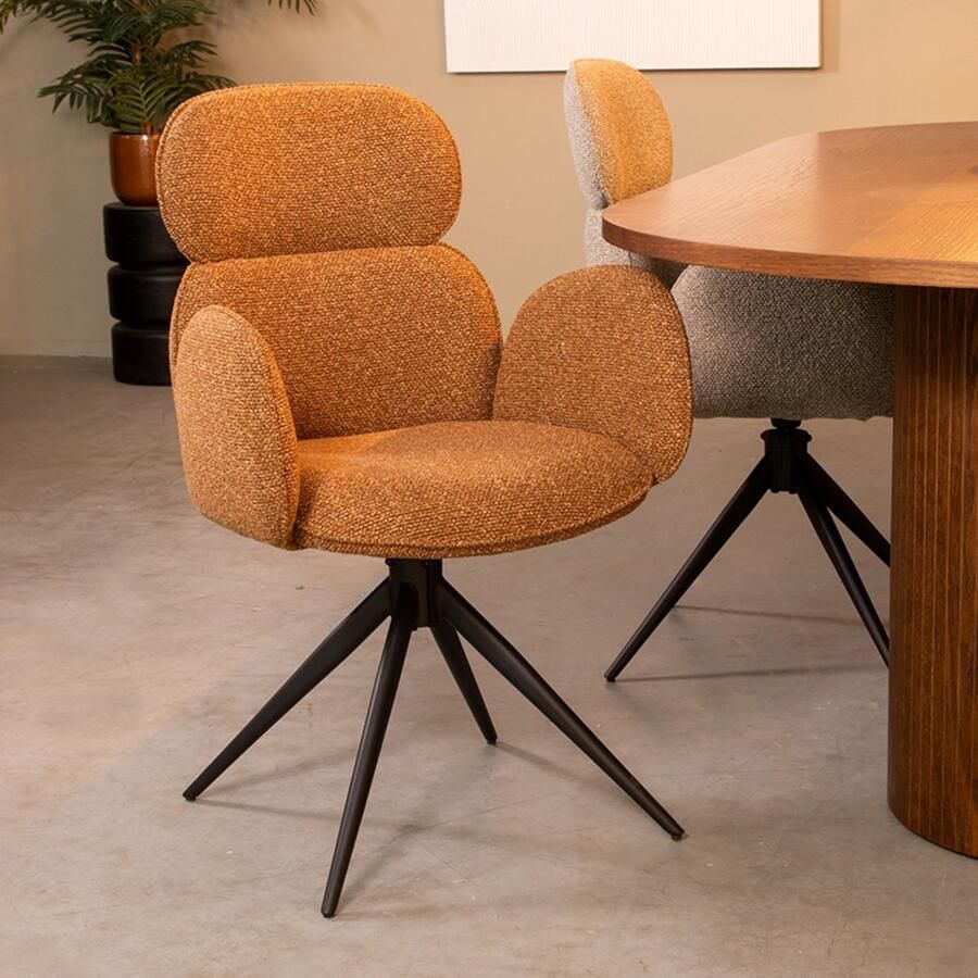 LABEL51 Vidar Eetkamerstoel Oranje Stof Black Frame Stoel Normale eetkamerstoel Draaibaar Met Armleuning