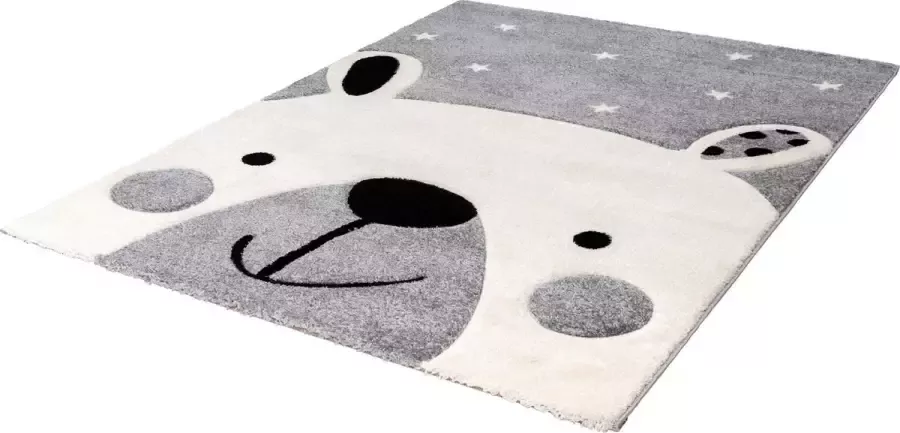 AMI Kindervloerkleed kinderkamer Sterren- grijs- beer Lalee kids karpet 120 x 270 cm zilver wit