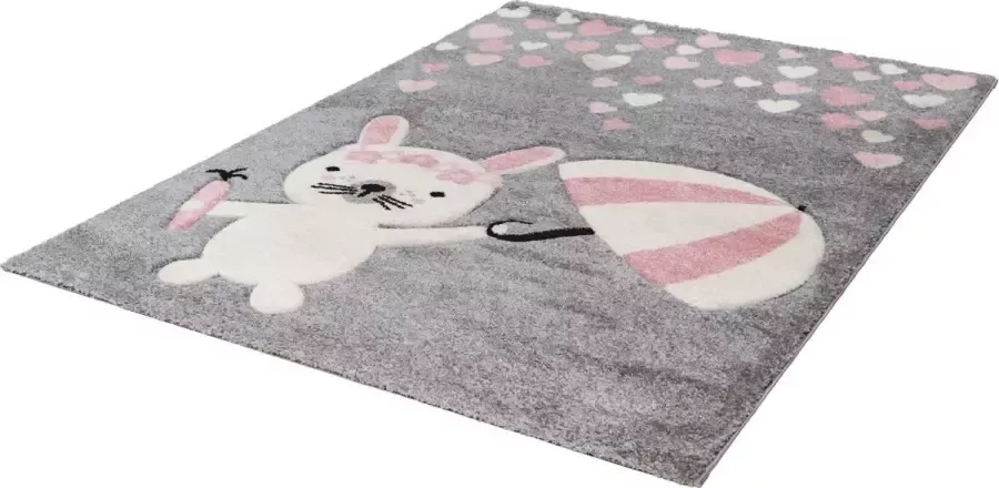 Lalee Amigo – Vloerkleed Vloer kleed Konijn – Hartjes Tapijt – Karpet 120x170 – Roze – Grijs