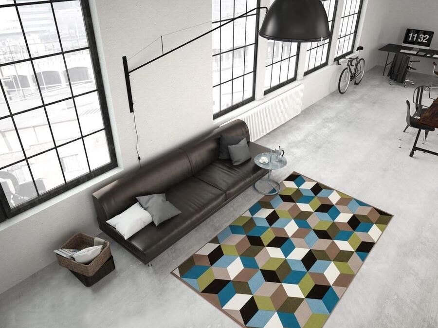 Lalee laagpolig vloerkleed met stijlvol kubuspatroon 120 x 170 Turkoois