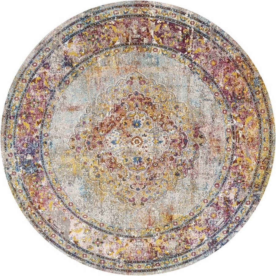 'merkloos'' Lalee Picasso Keshan vloerkleed vintage laagpolig trendy multi beige kleuren 200x200cm ROND