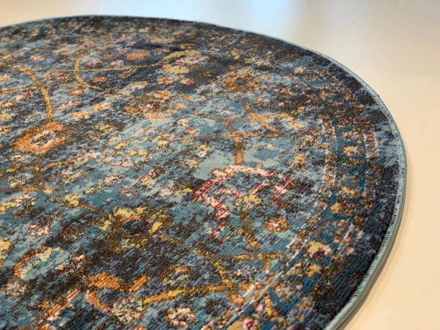 'merkloos'' Lalee Picasso Sarough vloerkleed vintage laagpolig trendy multi blauw kleuren 133x133 CM ROND