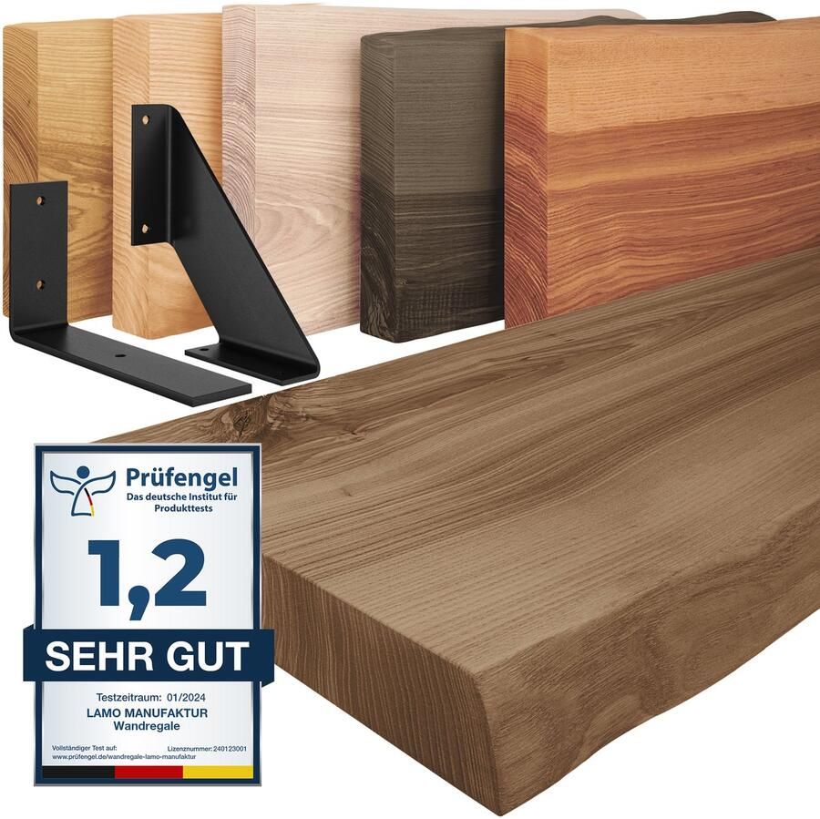 LAMO Manufaktur houten wandplank met natuurlijke rand Basic wandplank Notenhout Wit 70cm LW-01-A-005-70LW