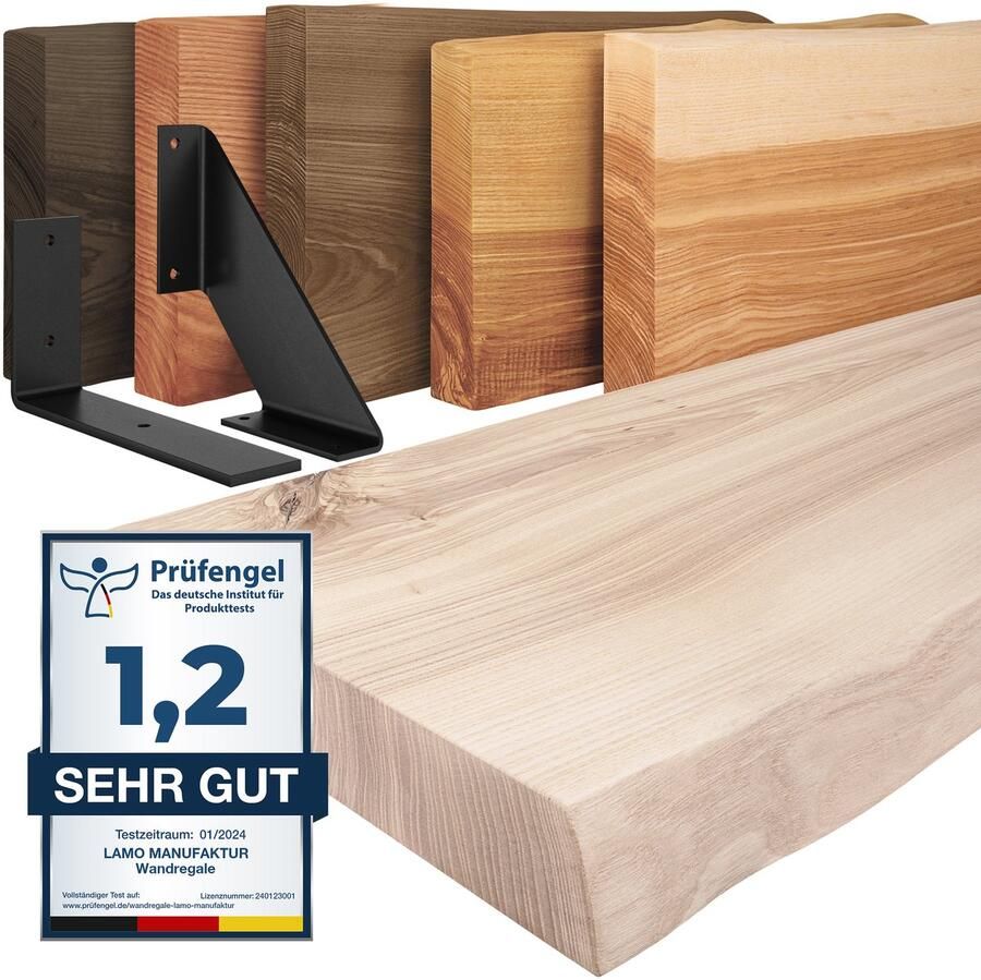 LAMO Manufaktur houten wandplank met natuurlijke rand Basic wandplank Ruw Zwart 70cm LW-01-A-001-70LS