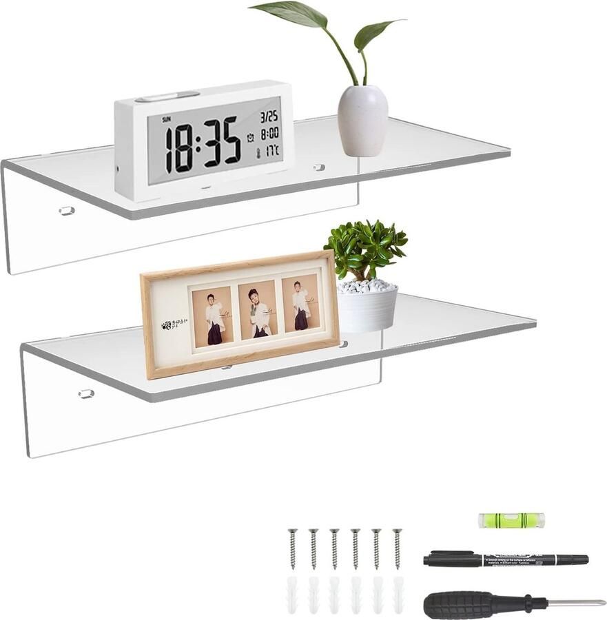 La'Moussawi 30 cm Transparante Wandplanken Set van 2 voor Badkamer en Woonkamer