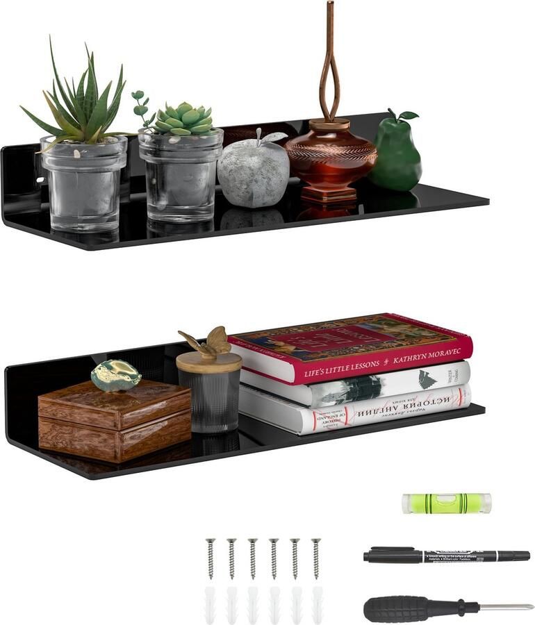 La'Moussawi Acryl Wandplanken Set van 2 Zwarte L-vormige Zwevende Hoekplanken voor Stijlvolle Wanddecoratie