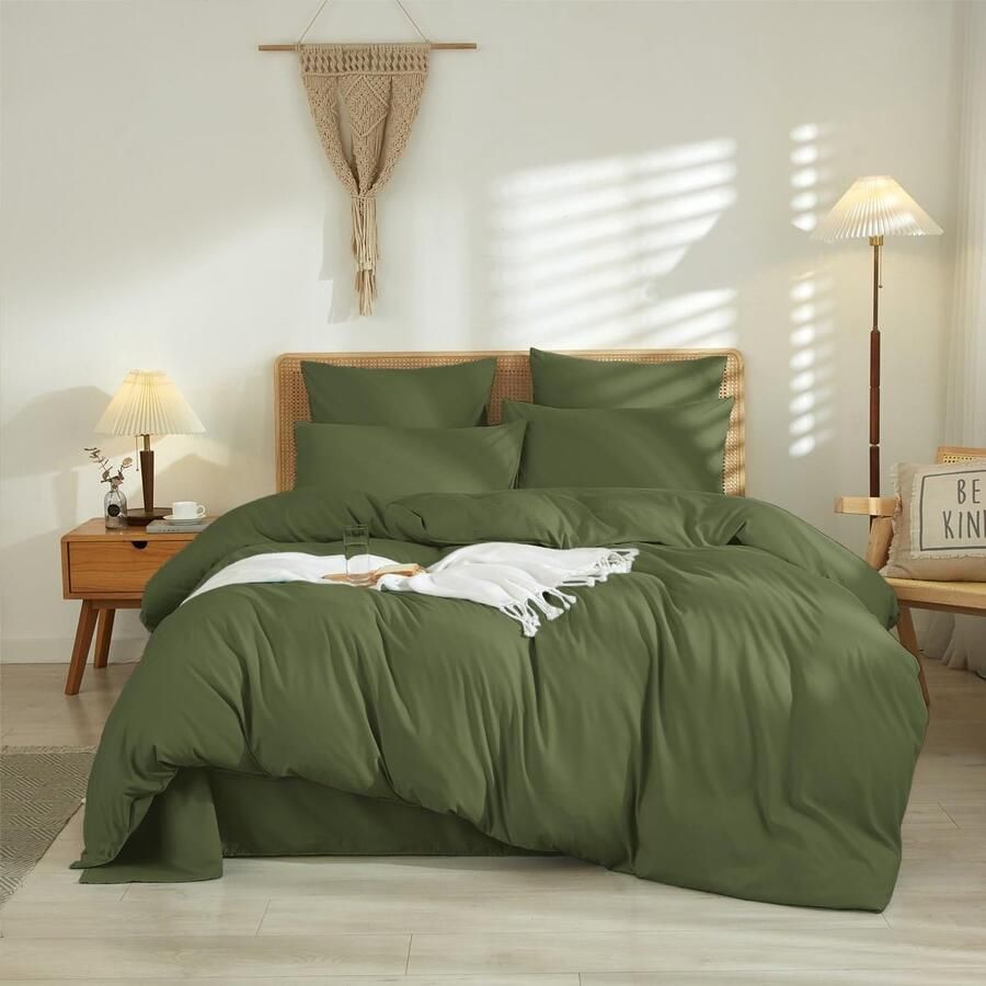 La'Moussawi Beddengoed 135 x 200 cm olijfgroen groen effen patroon beddengoedset effen modern zachte premium microvezel dekbedovertrek 135 x 200 cm eenpersoonsbed en kussensloop 80 x 80 cm