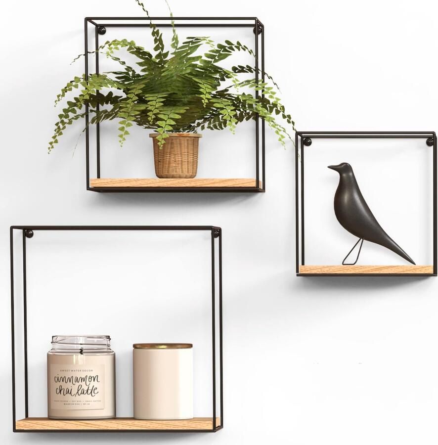 La'Moussawi Decoratieve Zwarte Wandrekken Set met Houten Planken voor Stijlvolle Interieurs