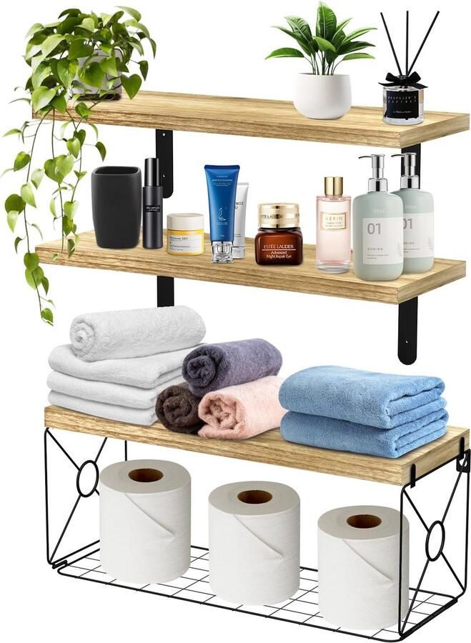 La'Moussawi Houten Wandplanken Set met Metalen Draadmand voor Stijlvolle Muurdecoratie in Huis