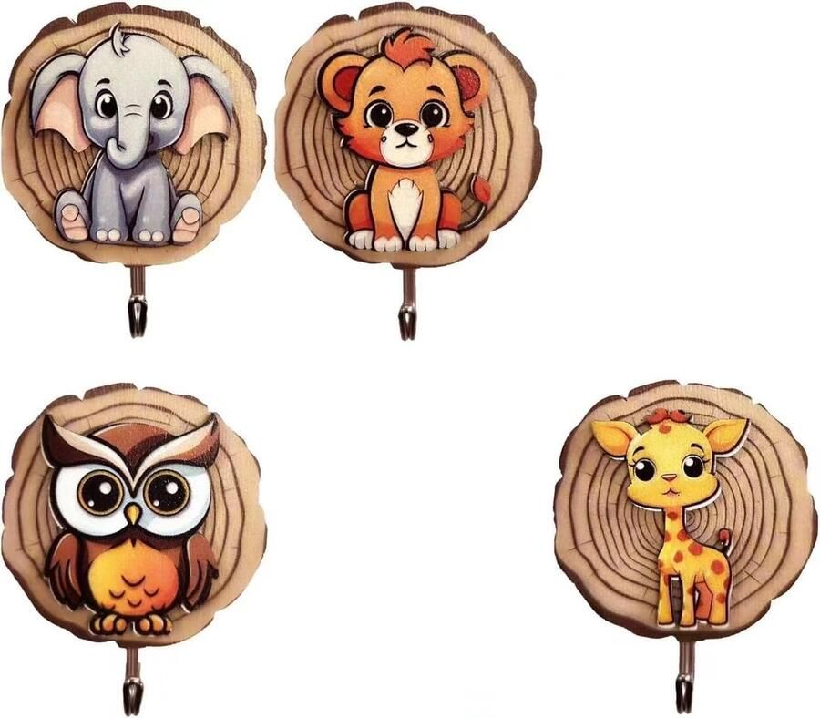 La'Moussawi Leuke Zelfklevende Houten Kapstokhaken met Dierdesign voor Kinderen Set van 8 Stuks