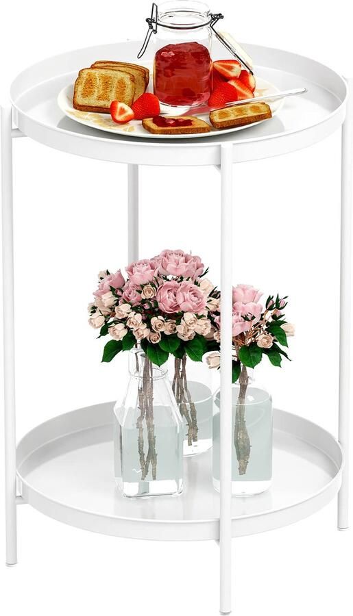 La'Moussawi Moderne Ronde Bijzettafel Met Twee Niveaus En Verwijderbaar Metalen Dienblad