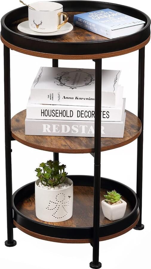 La'Moussawi Ronde Vintage Bijzettafel met Industrieel Ontwerp en Drie Niveaus voor Ruimtes