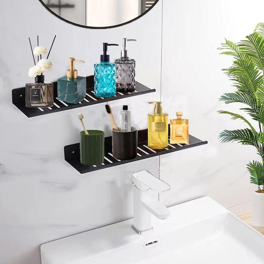 La'Moussawi Ruimtebesparende Muurplank Set voor Keuken en Badkamer zonder Boren Zwart 2 Stuks