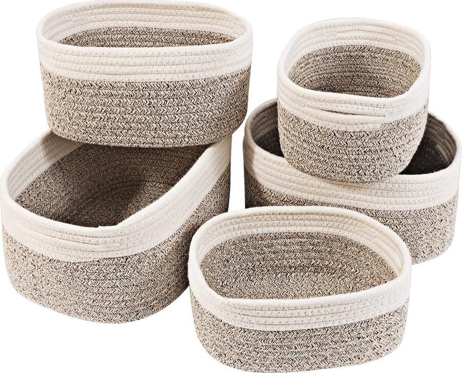 La'Moussawi Set van 5 Handgemaakte Katoenen Opbergmanden voor Thuisorganisatie in Verschillende Maten