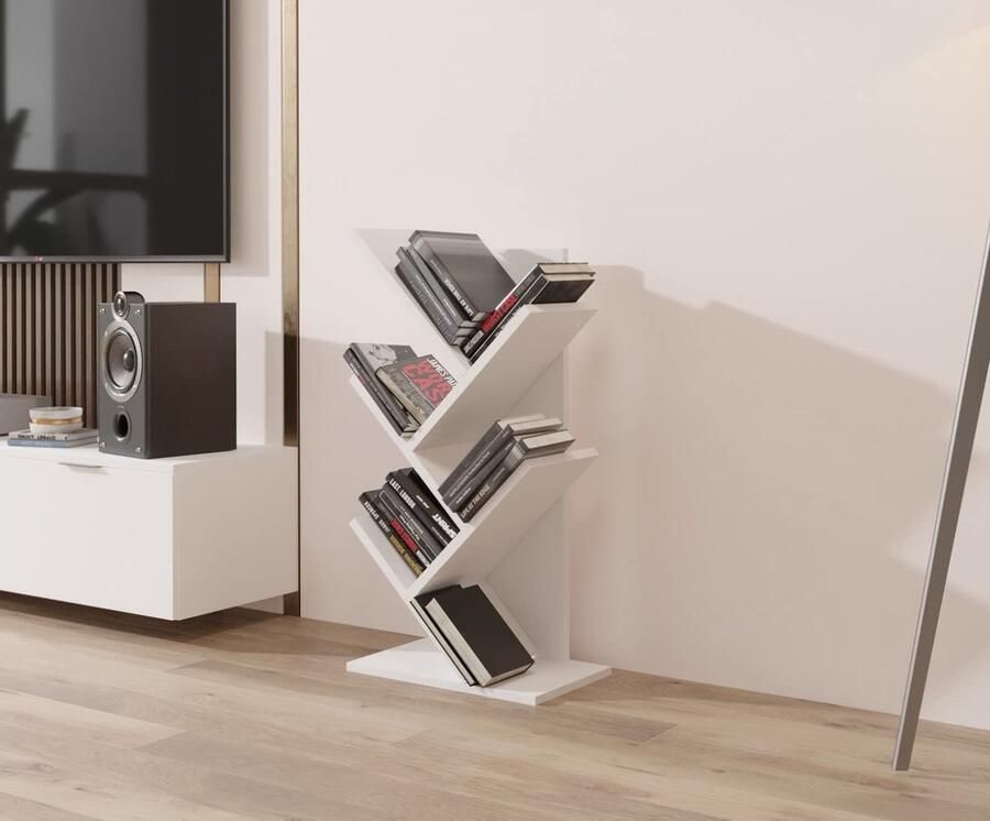 La'Moussawi Stijlvolle en Functionele Boomvormige Boekenkast met Vijf Planken in Witte Afwerking