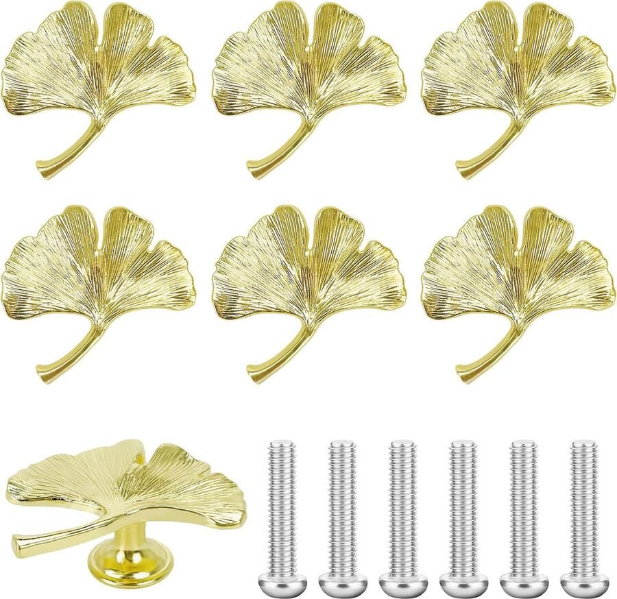 La'Moussawi Stijlvolle Goudkleurige Bladvormige Handgrepen voor Kasten en Meubels Set van 6 Stuks