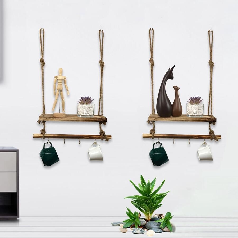 La'Moussawi Stijlvolle Houten Wandplanken met Praktische Ophanghaken voor Ruimtes in Huis