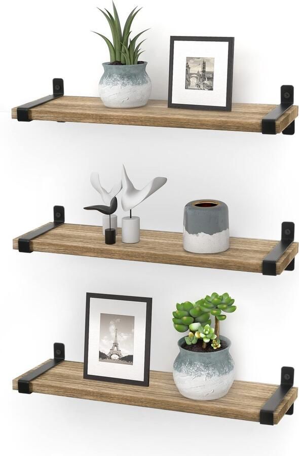 La'Moussawi Stijlvolle Houten Wandplanken Set met Zwart Metalen U-Houders voor Kamers