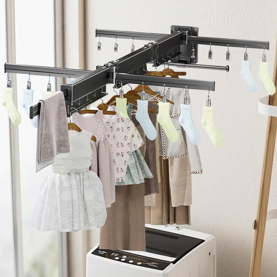 La'Moussawi Uittrekbare en Ruimtebesparende Wanddroger met 20 Clips en Handdoekstang voor Ruimtes