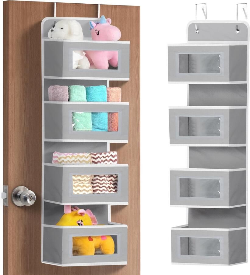 La'Moussawi Veelzijdige Grijze Deurhanger Organisator met 4 Transparante Vakken voor Speelgoed en Huishoudelijke Artikelen
