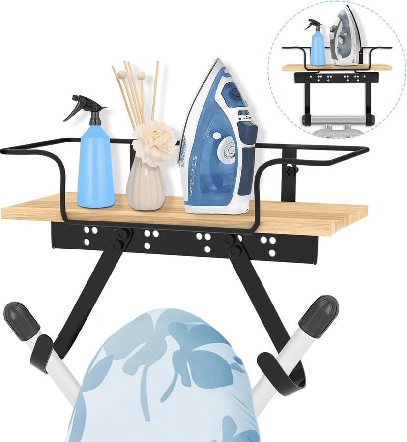 La'Moussawi Veelzijdige Wandhouder voor Organisatie van Strijkijzer en Strijkplank met Houten Opbergmand