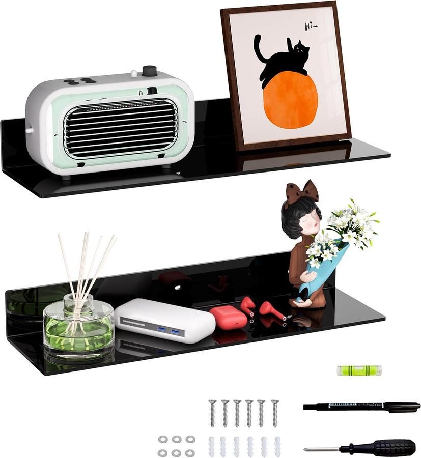 La'Moussawi Zwarte Acryl Wandplanken voor Decoratieve Doeleinden en Opslag van Items2 stuks (50 cm)