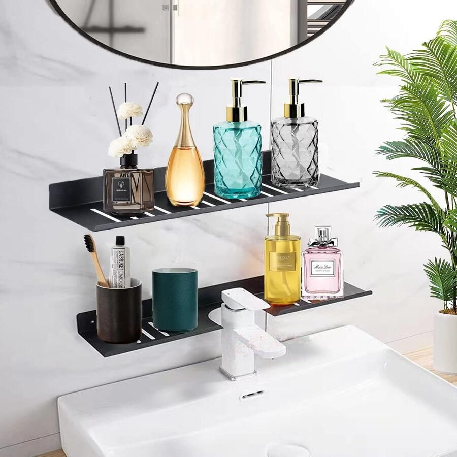 La'Moussawi Zwevende Metalen Wandplanken voor Badkamer en Keuken Ruimtebesparende Organizer Set