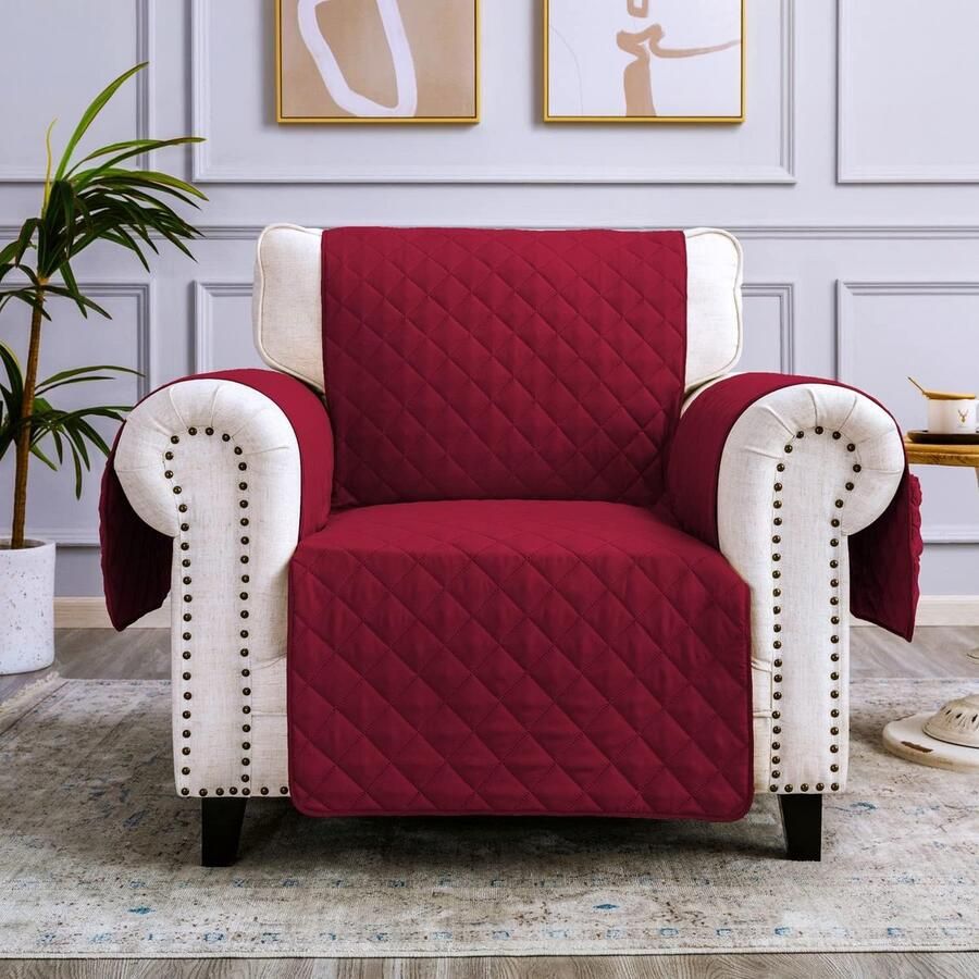 Lanogr Omkeerbare bankhoes gewatteerde bankbeschermer hoes met armleuningen en zak. (1-zits kastanjebruin)