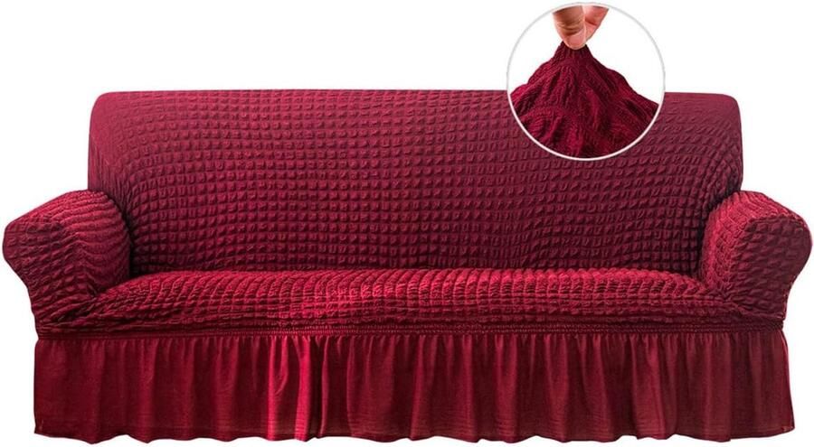 Lanogr Stretch Sofa Hoes Bankhoezen Wasbare Bank Bedhoes Gemakkelijk te Passen Meubelbeschermer met Elastische Onderkant en Rok (Bordeauxrood Medium)