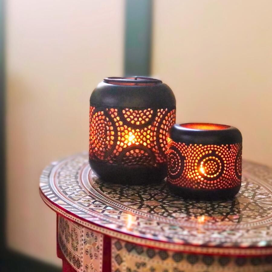 Lardic Home & Life Lardic Waxinelichthouder Theelichthouder Set van 2 13 & 8CM Tafel Decoratie Oosterse lamp Kaarsenhouder Kaarsenstandaard Metaal Ramadan decoratie Eid Mubarak Versiering Suikerfeest Zwart - Foto 2