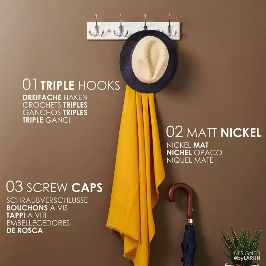 LARHN Kapstok Muur Mount Wit 4 Drievoudige Kapstokhaken 42 cm Kapstok Wit voor Gangen Garderobes Slaapkamers en Badkamers