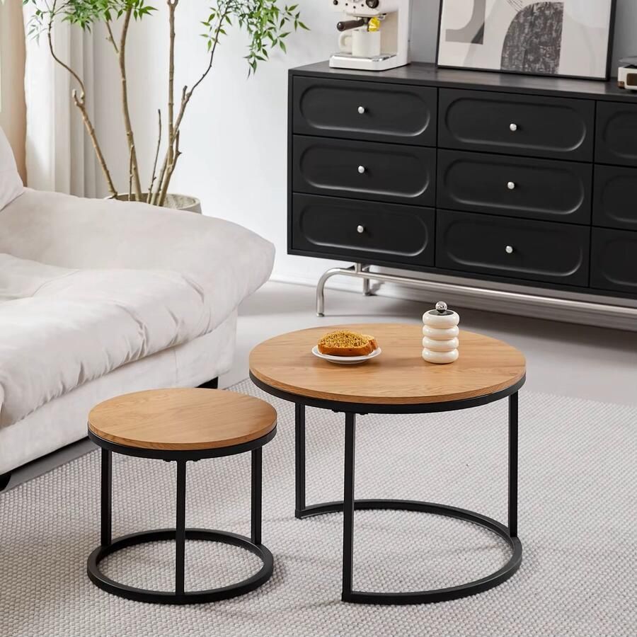 Lariwo Living Set van 2 Ronde Salontafels Licht Eiken – Industrieel & Modern Design – Inschuifbaar Nesttafels Ø40 & Ø60 cm – Metaal & Hout – Stevige Koffietafels Bijzettafels – Eenvoudig te Monteren