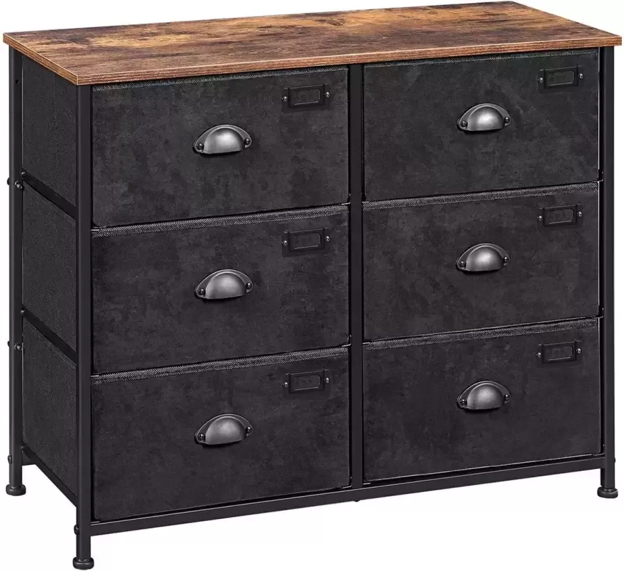 LAUWG Ladekast kast met 6 laden industriële stijl metalen frame oppervlak met houtnerf voor kinderkamers slaapkamers gangen vintage bruinzwart