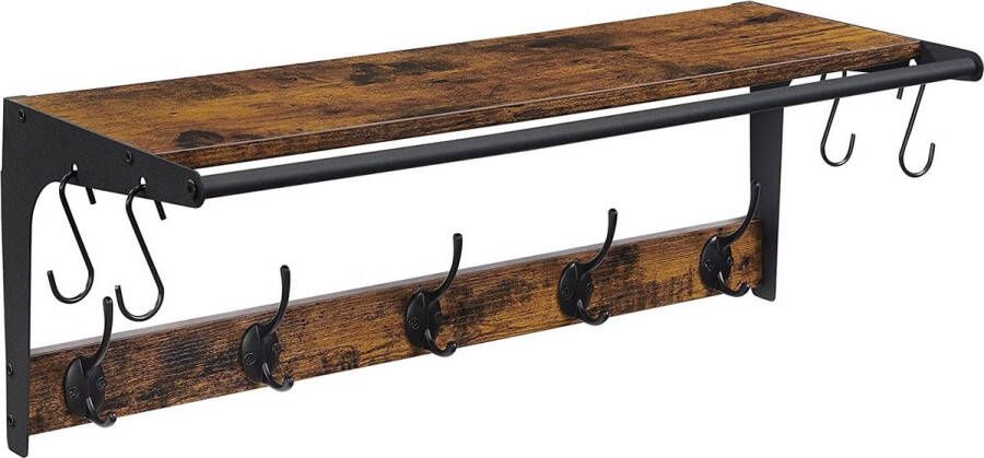 LAUWG Luxe kapstok met 9 haken coat rack kapstok industrieel met plank hout zwart 61 x 24 x 22 cm