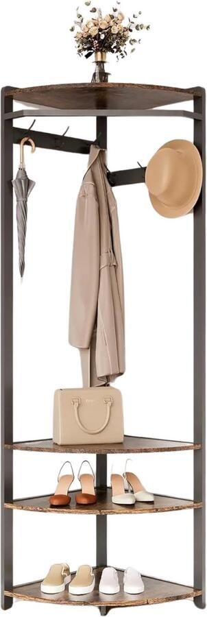 Lavinsa Multifunctionele Hoek Kapstok Staand Met Schoenrek 6 Dubbele haken Hoek kledingrek met opberghoek 180 CM Bruin