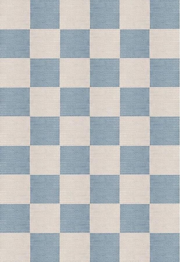 Layered Chess Flatweave Cornflower Blue Vloerkleed 250 x 350 cm Blue Ivory Rectangular Wool Dining room Living room Bedroom Geometric Retro Modern