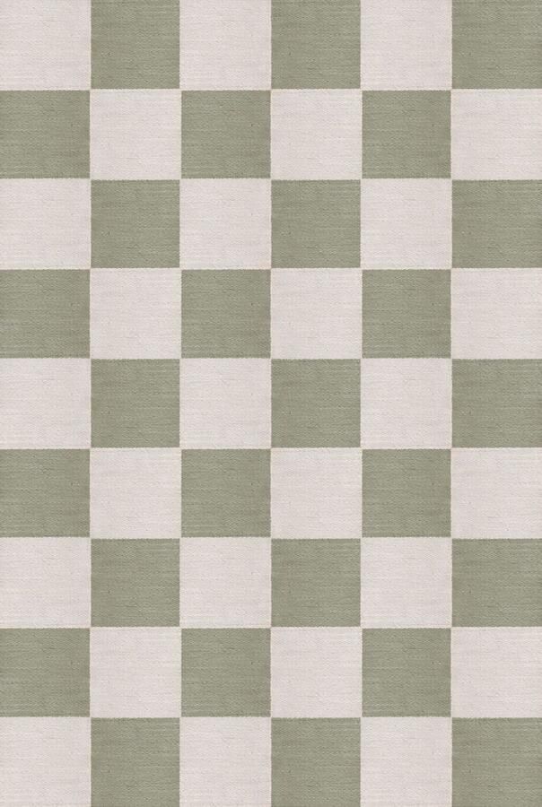 Layered Chess Flatweave Sage Vloerkleed 140 x 200 cm Green Ivory Rectangular Wool Dining room Living room Bedroom Geometric Retro Modern