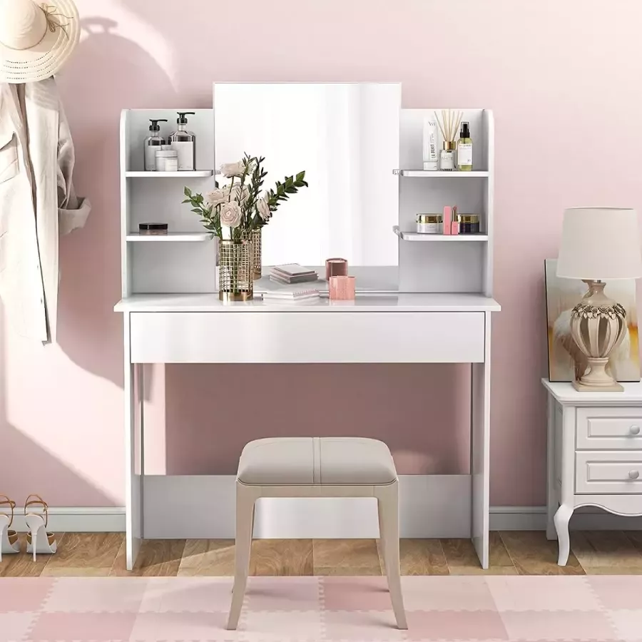 Lazyspace kaptafel met grote spiegel lade en 4 planken ijdelheid bureau met kast houten make-uptafel in wit cadeau voor vrouwen en meisjes