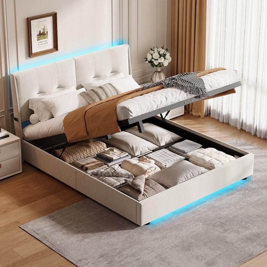 BursDany Opbergbed 160x200 cm met LED tweepersoonsbed met lattenbodem en opbergvak minimalistische stijl voor tieners en volwassenen zonder matras beige fluweel