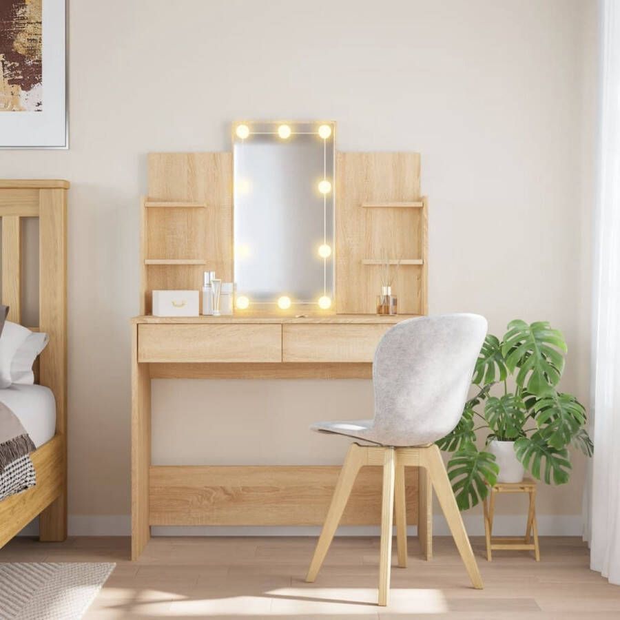 LBB Kaptafel met spiegel en verlichting Make up tafel Make up Toilettafel -Met lades 96 cm x 40 cm x 142 cm Eiken