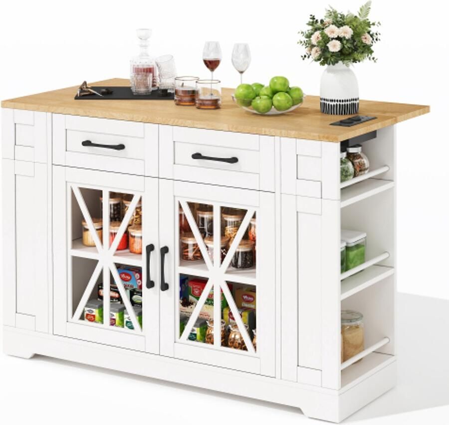 Learnlogic 120cm draagbare keukeneiland met klappbare eettafel open plank AC-aansluiting USB-aansluiting glazen deur verstelbaar laminat wielen met remmen voor keuken eetkamer woonkamer en meer