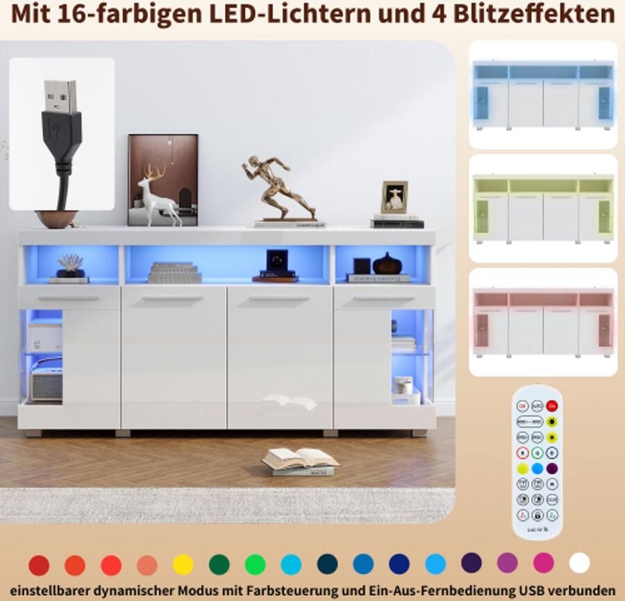 Learnlogic 140x40x70 cm bijzettafel woonkamer hoogglans zijkast met LED-verlichting breed sideboard zijkast van gehard glas met 3 vakken wit