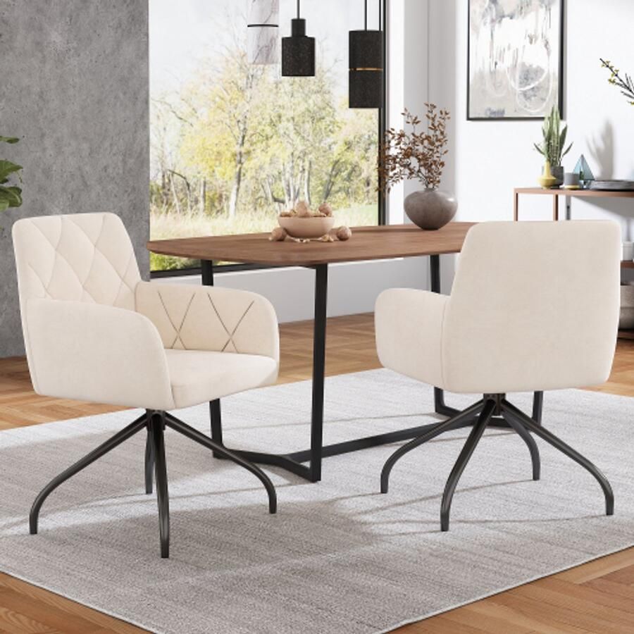 Learnlogic . 2-stuk 360° draaibare eetkamerstoelen met ruitpatroon gepolsterde stoel met 4 metalen voeten moderne loungestoel voor woon- slaap- en werkkamer lage rugsteun fluweel beige