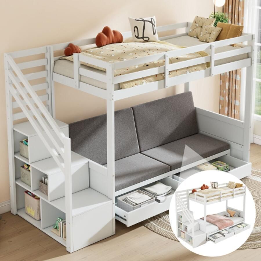 Learnlogic 90x200cm kinderen stapelbed wit multifunctioneel met trapkast en 2 laden onderste laag kan als bed of sofa worden gebruikt bevat kussens matras niet inbegrepen